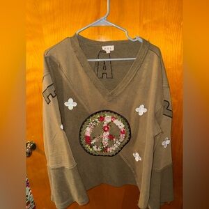 POL Olive V-Neck Sweater with Embroidery